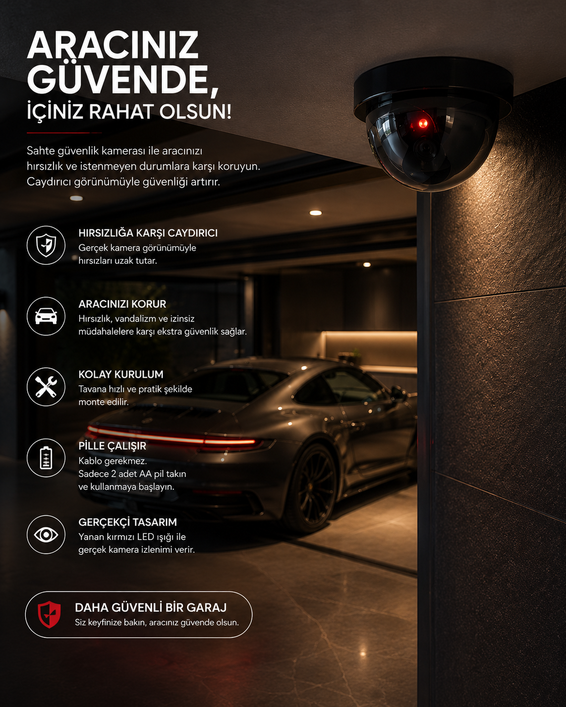 Profesyonel Caydırıcı Sahte Güvenlik Kamerası - 7/24 Aktif Kırmızı Işıklı